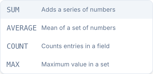 Pie chart formula function list Function list in the pie chart formula editor