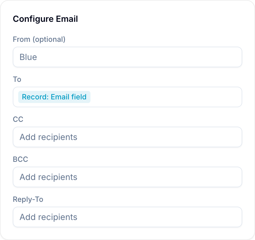 Configure Email dialog with sender, recipient, CC, BCC, and Reply-To fields Configure Email dialog with sender, recipient, CC, BCC, and Reply-To fields