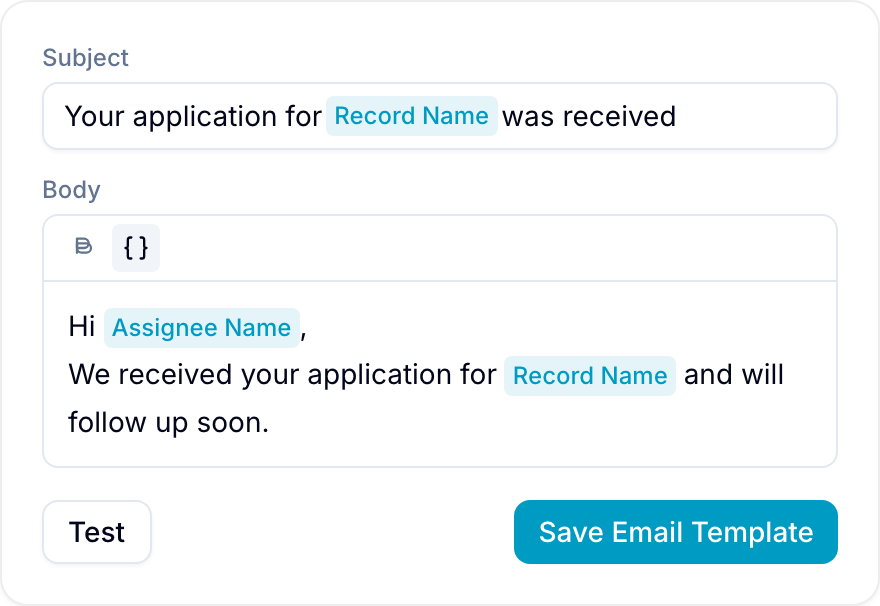 Email template editor with subject, body, variable, and test controls Email template editor with subject, body, variable, and test controls