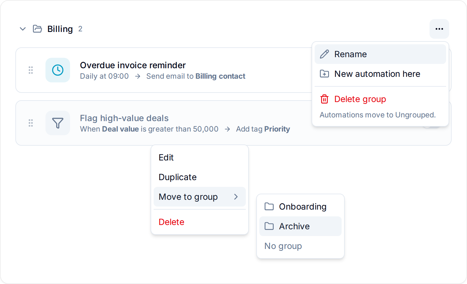 Group menu and the Move to group submenu Group menu and the Move to group submenu