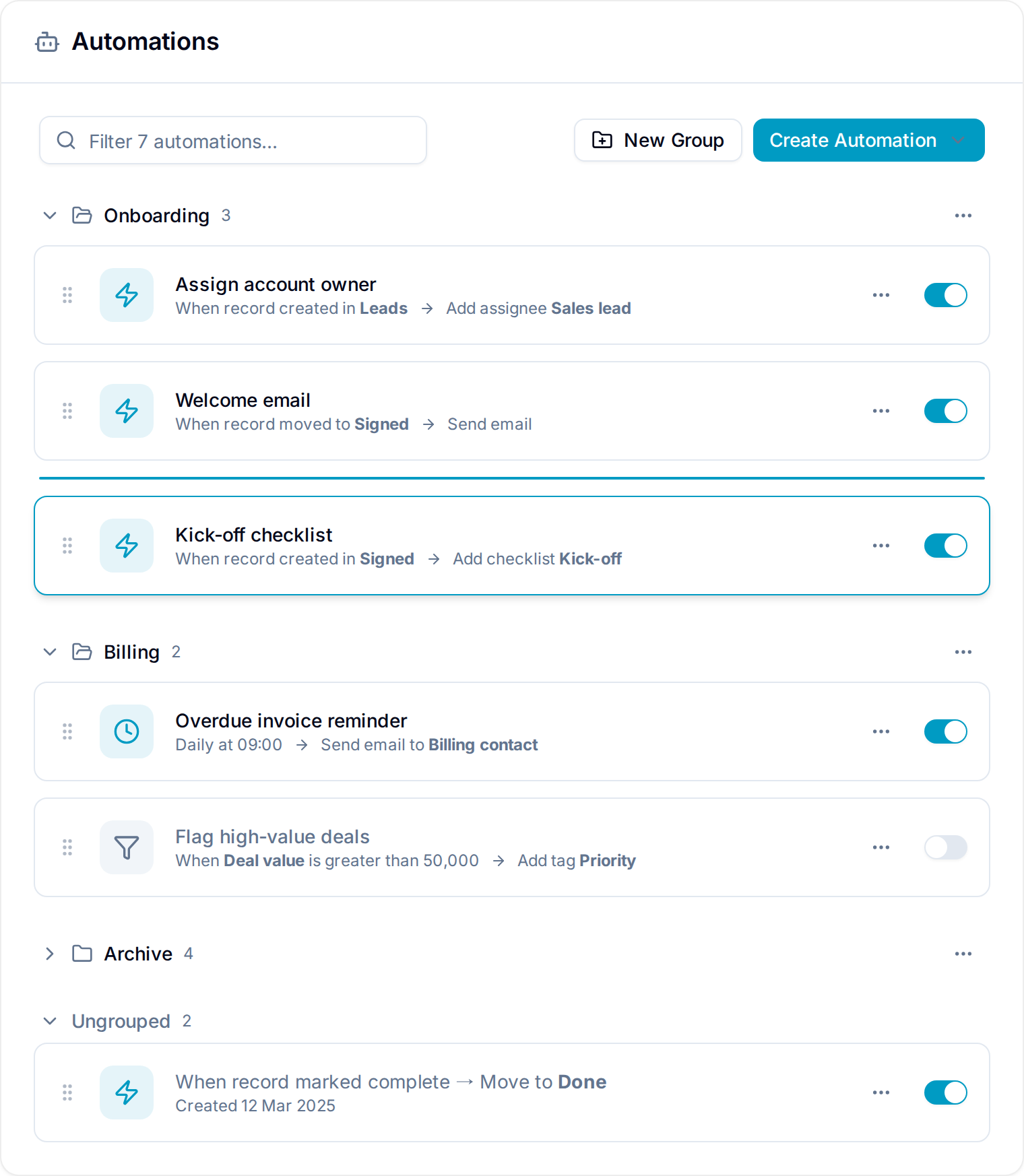 Automations list organized into groups Automations list organized into groups