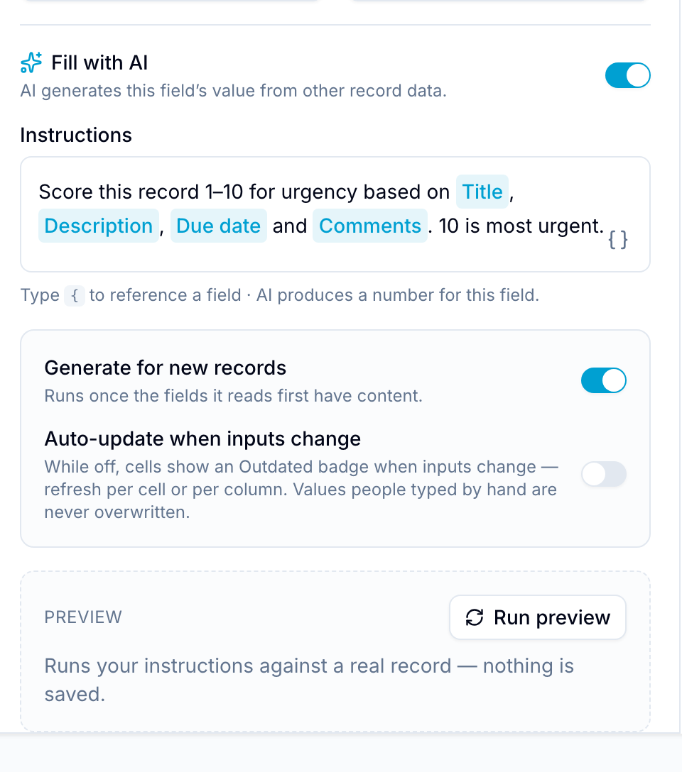 AI field instructions and triggers The Fill with AI panel with instructions referencing Title, Description, Due date and Comments as chips, above the two trigger switches and the preview block