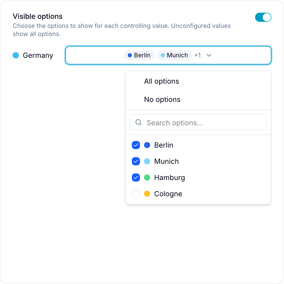 Choosing which options a controlling value shows A controlling value's option picker open, with All options and No options quick actions, a search box, and checkboxes for each option
