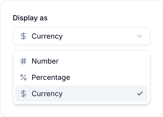 Number, Currency, and Percentage display options for a formula Number, Currency, and Percentage display options for a formula