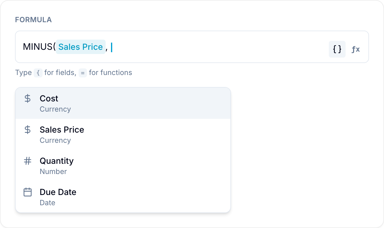 Formula editor with record fields available for selection Formula editor with record fields available for selection