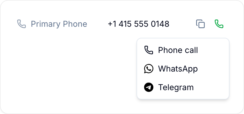 Contact actions for a saved phone number Phone, WhatsApp, and Telegram actions