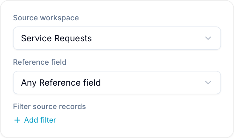 Referenced By field configuration Referenced By field configuration showing Source workspace, Reference field, and Filter source records
