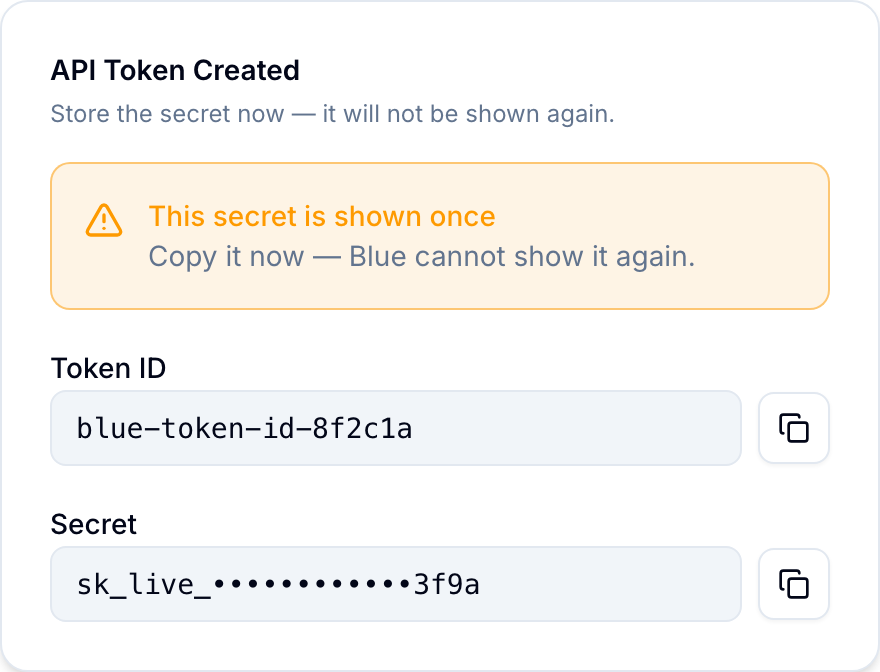 API token created API token created, showing the one-time Token ID and Secret reveal