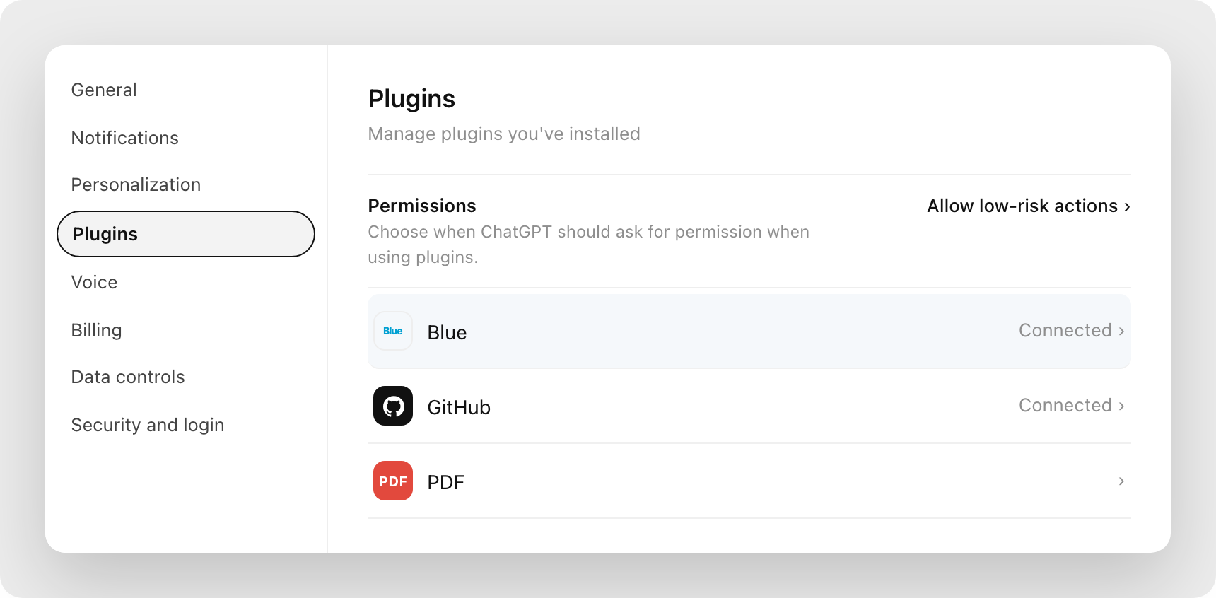 Blue in ChatGPT Plugins ChatGPT's Plugins settings showing Blue listed as Connected