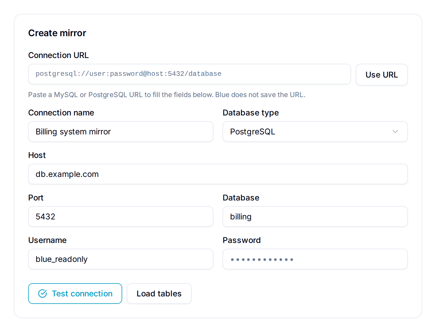 Database Sync connection form Database Sync connection form with a Test connection button