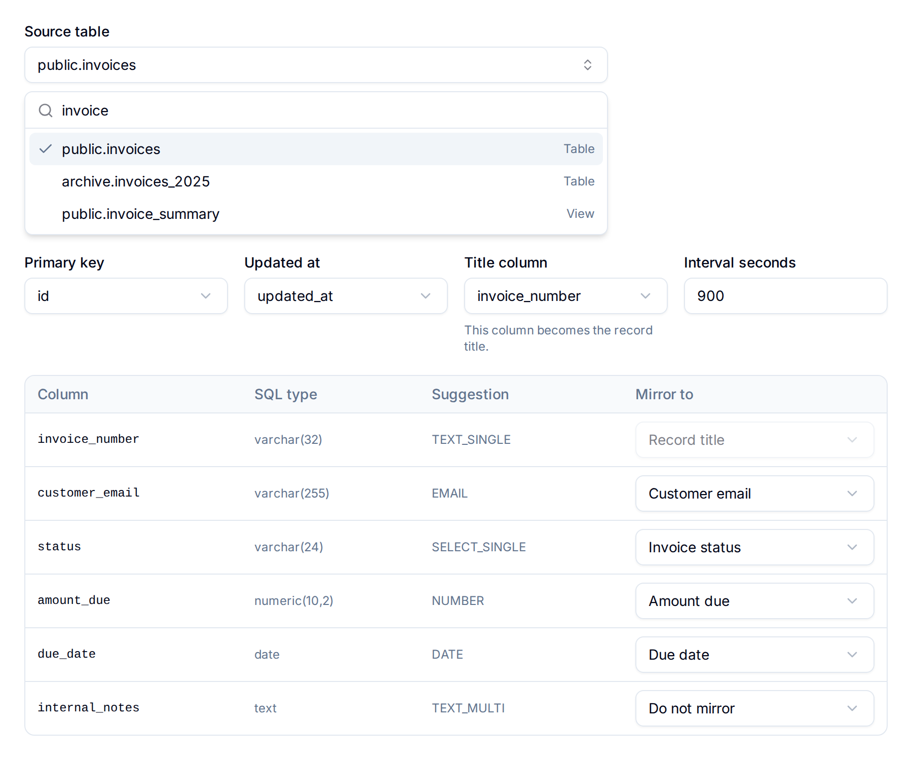 Database Sync column mapping Column mapping table with a Blue field selected for each external column