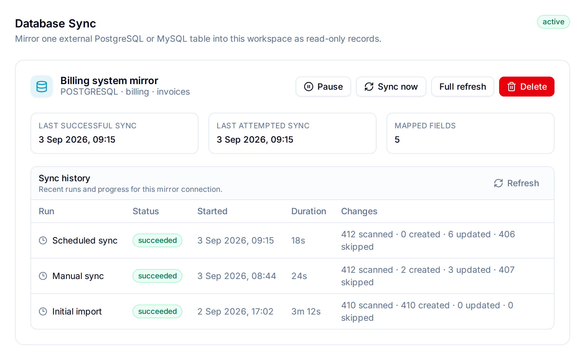 Database Sync status and history Active database sync connection with status tiles and the sync history table