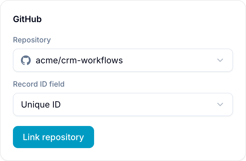 Link a repository to a workspace Workspace Settings > GitHub page with Repository and Record ID field selectors