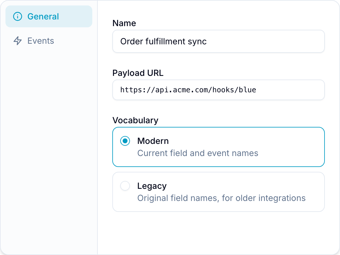 Add Webhook form Add Webhook form with name, Payload URL, and Modern/Legacy vocabulary