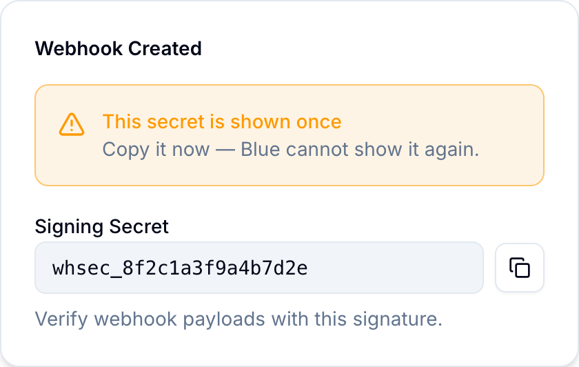 Webhook Signing Secret Webhook created, showing the one-time Signing Secret reveal