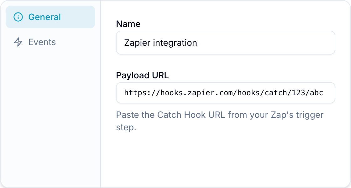 Blue webhook configured for Zapier Add Webhook form filled in with a Zapier Catch Hook URL