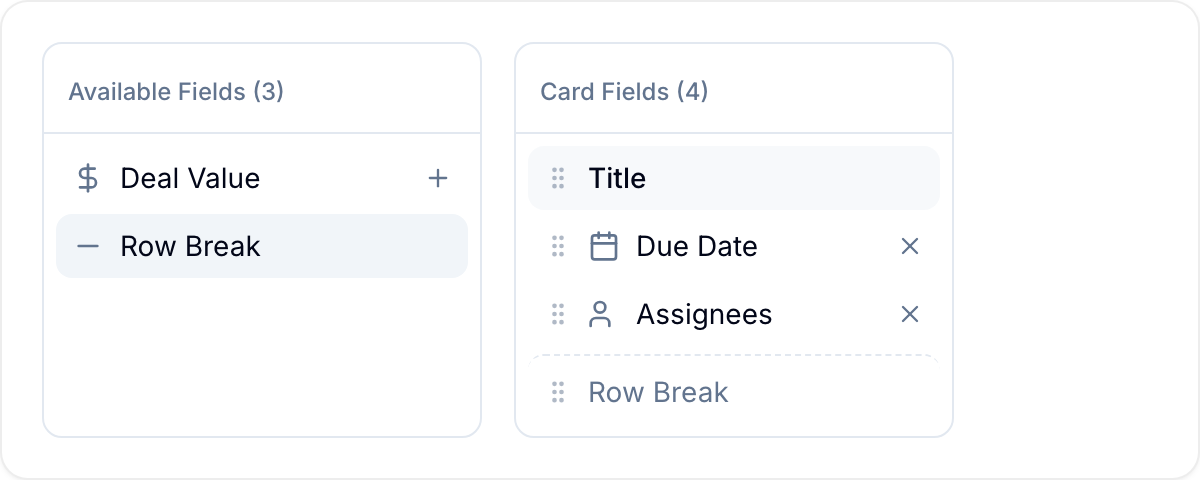 Card Interface field settings Available Fields and Card Fields panels with drag handles