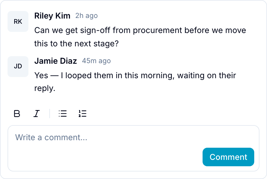 Record comments A comment thread on a record with the rich-text composer