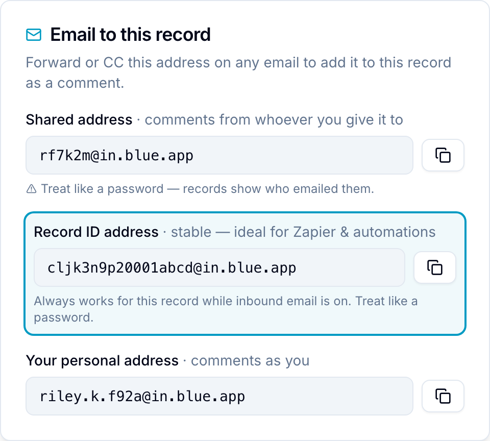Record ID address in the record email dialog The record email dialog with the Record ID address highlighted