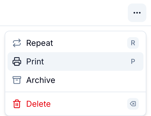 Print a record The record menu with the Print action highlighted