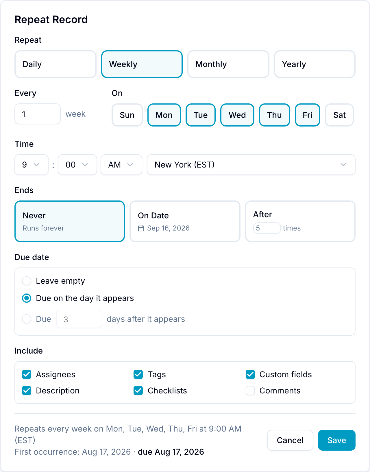 The Repeat Record dialog with interval, schedule, and include options