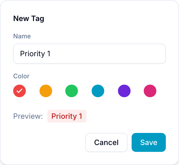 Create a tag Tag creation dialog with a color picker and name field