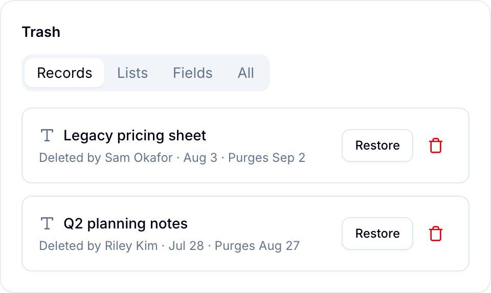 Workspace Trash Workspace Trash list with Records/Lists/Fields/All tabs and a Restore action per row