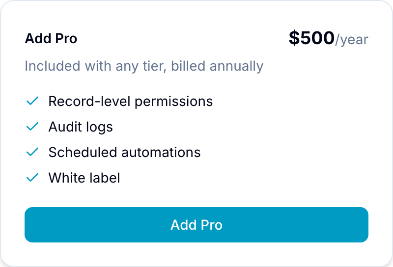 Add Pro dialog Add Pro dialog with feature list and the $500/year price