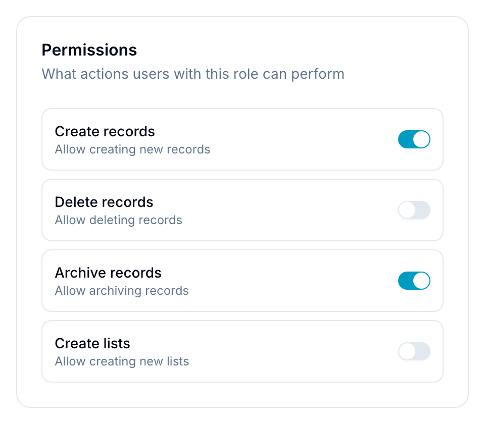 Permissions section of the role editor with toggles for create, delete, archive, and list actions