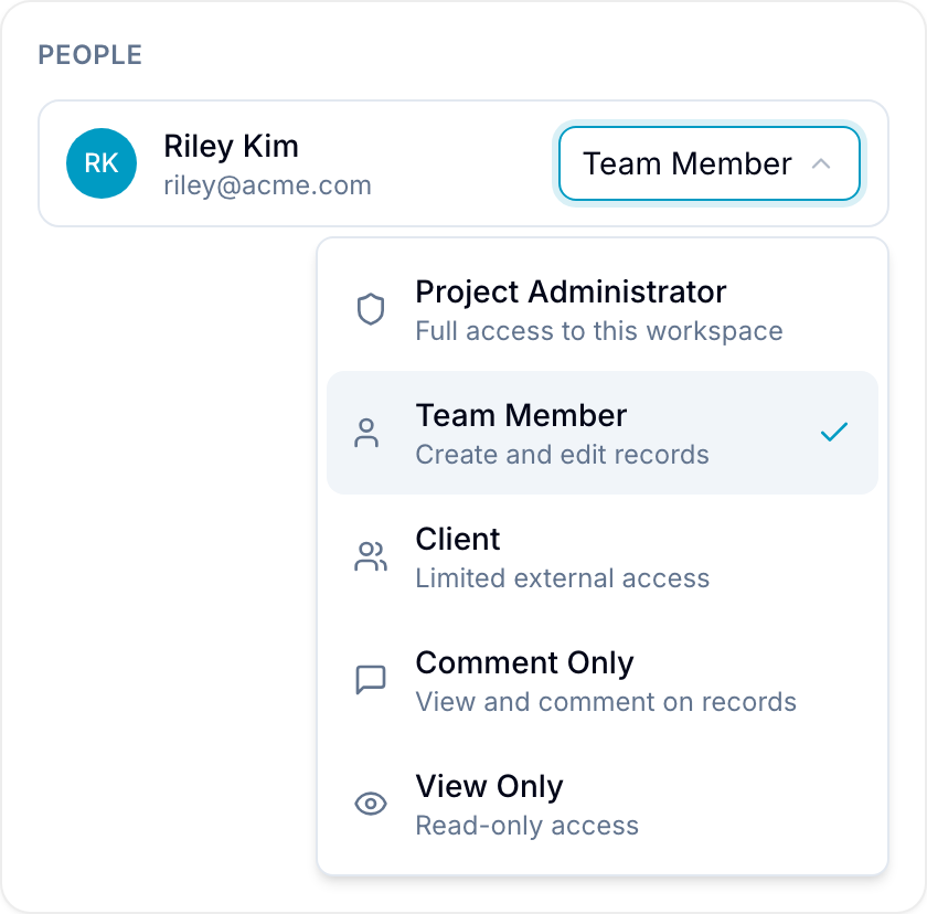 Assign a role from People Role picker opened from a member's row in People, showing all five workspace roles