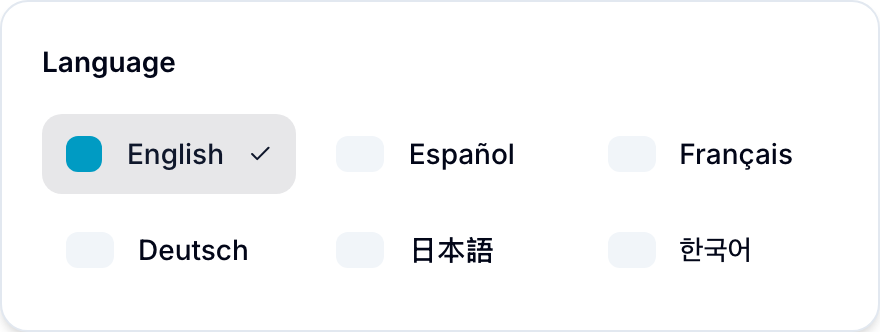 Language dialog Language dialog with English selected among the supported languages