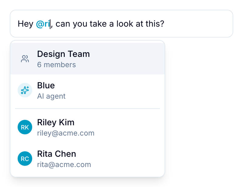 @mention suggestions @mention suggestion dropdown showing group options and individual team members