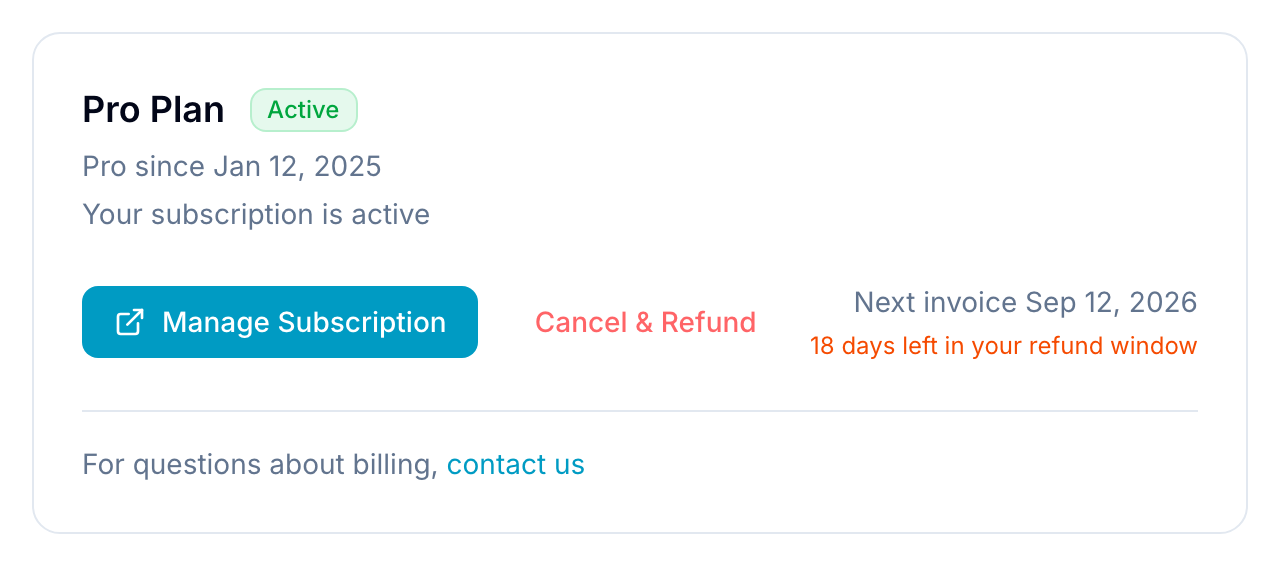 Organization billing Pro Plan billing card showing active status, Manage Subscription, Cancel & Refund, and next invoice date