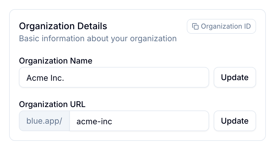 Organization settings Organization Details settings card with organization name and URL fields