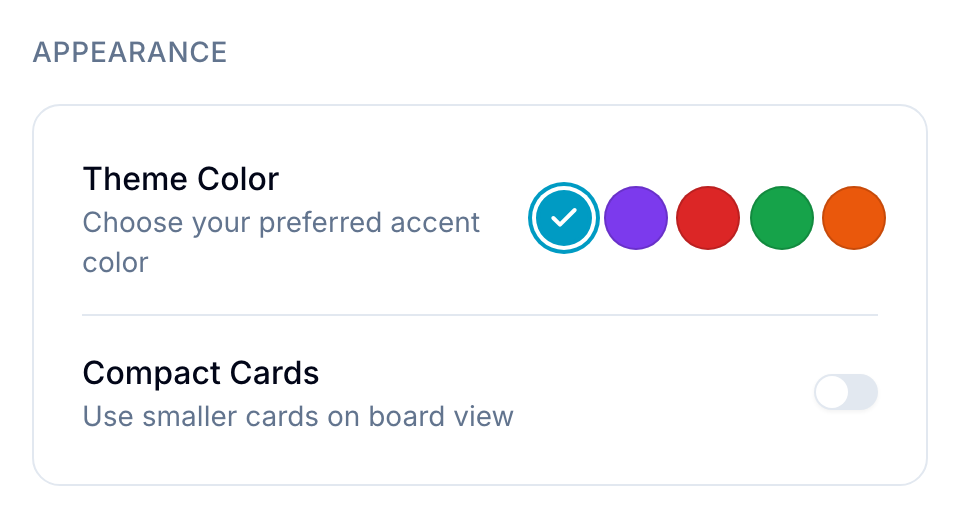 Appearance settings Appearance card with theme color swatches and a Compact Cards toggle