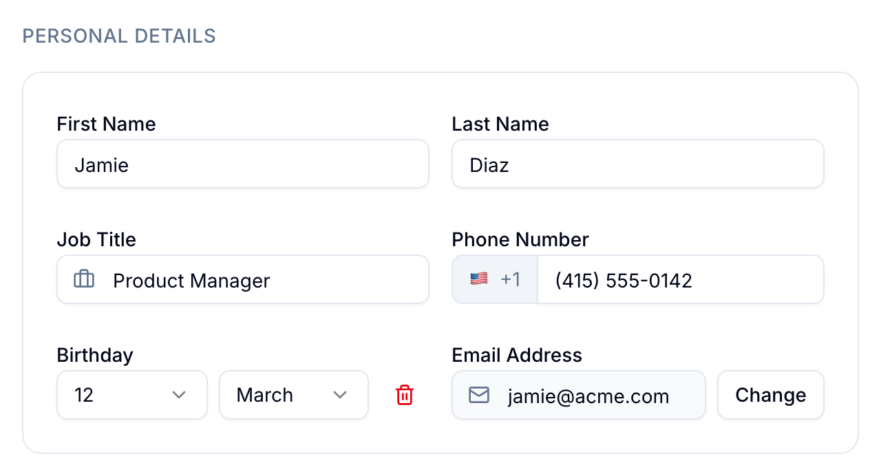 Personal Details Personal Details card with name, job title, phone number, birthday, and email fields