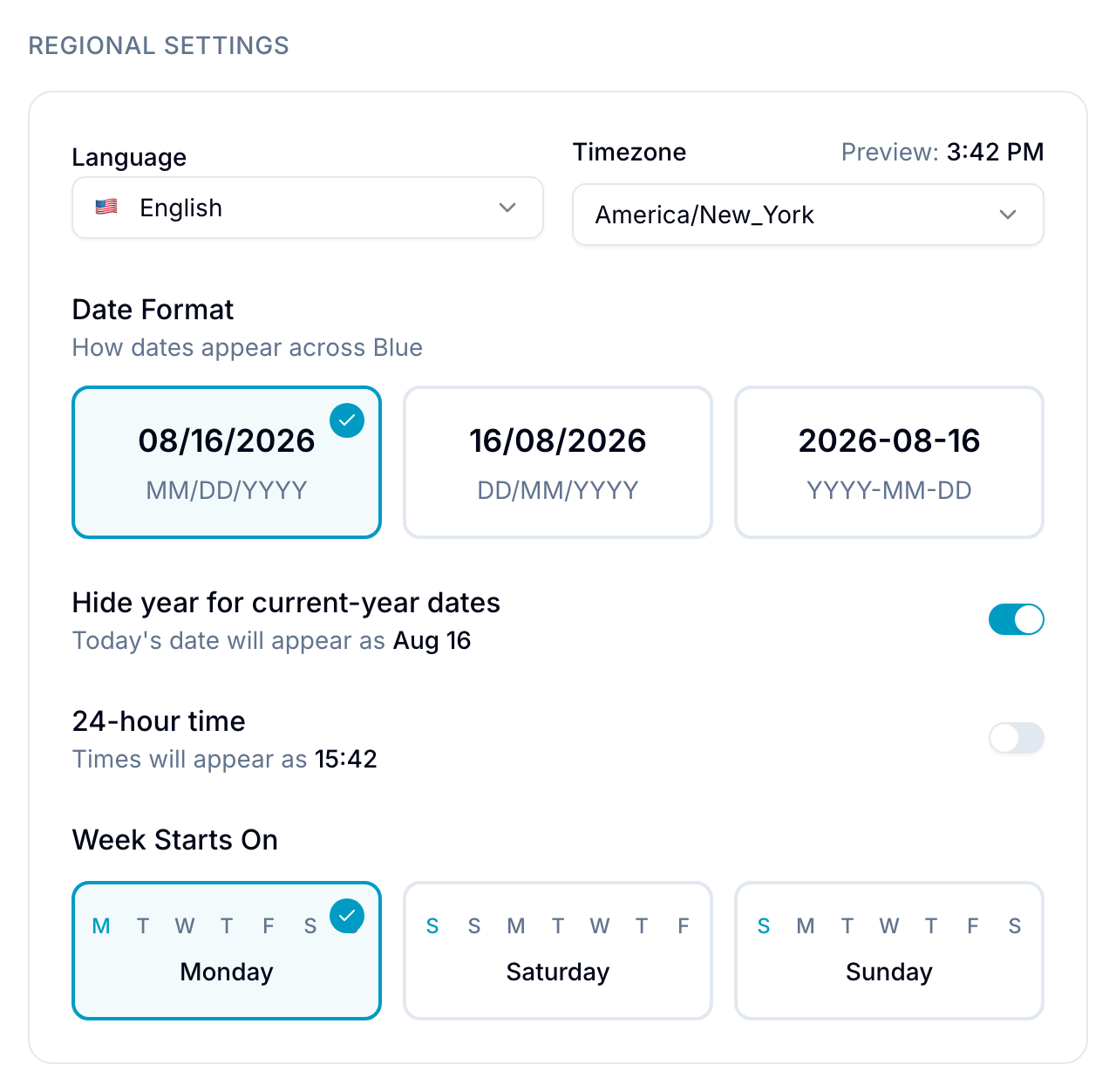 Regional Settings Regional Settings card with language, timezone, date format, hide-year toggle, 24-hour toggle, and week-start options