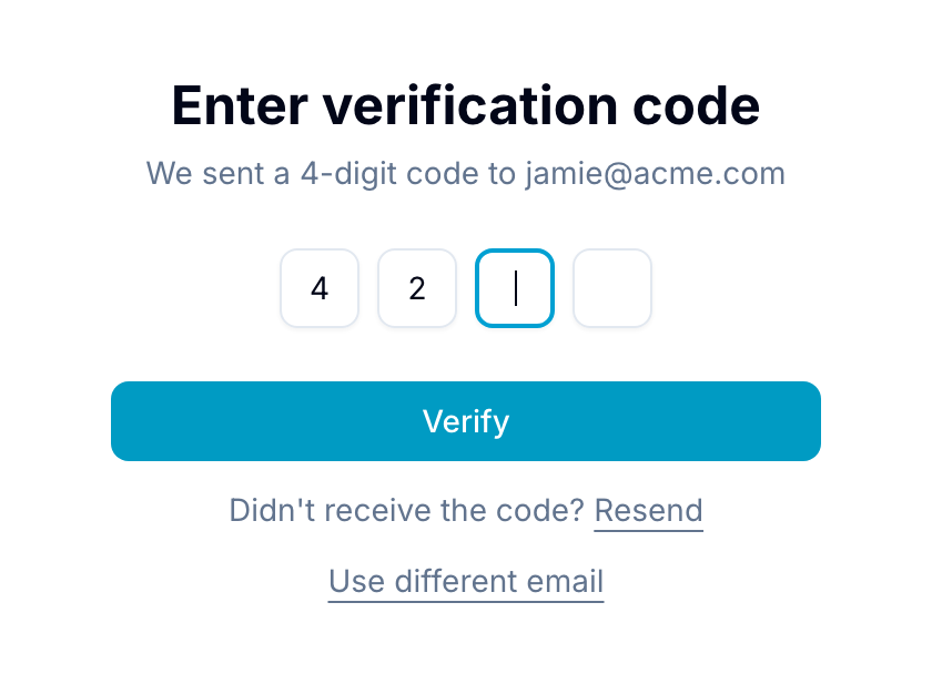 One-time password screen One-time password entry screen with a 4-digit code input, Verify button, and Resend link