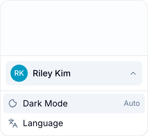 Dark Mode control Avatar menu opened from the bottom of the sidebar, showing the Dark Mode cycle control set to Auto