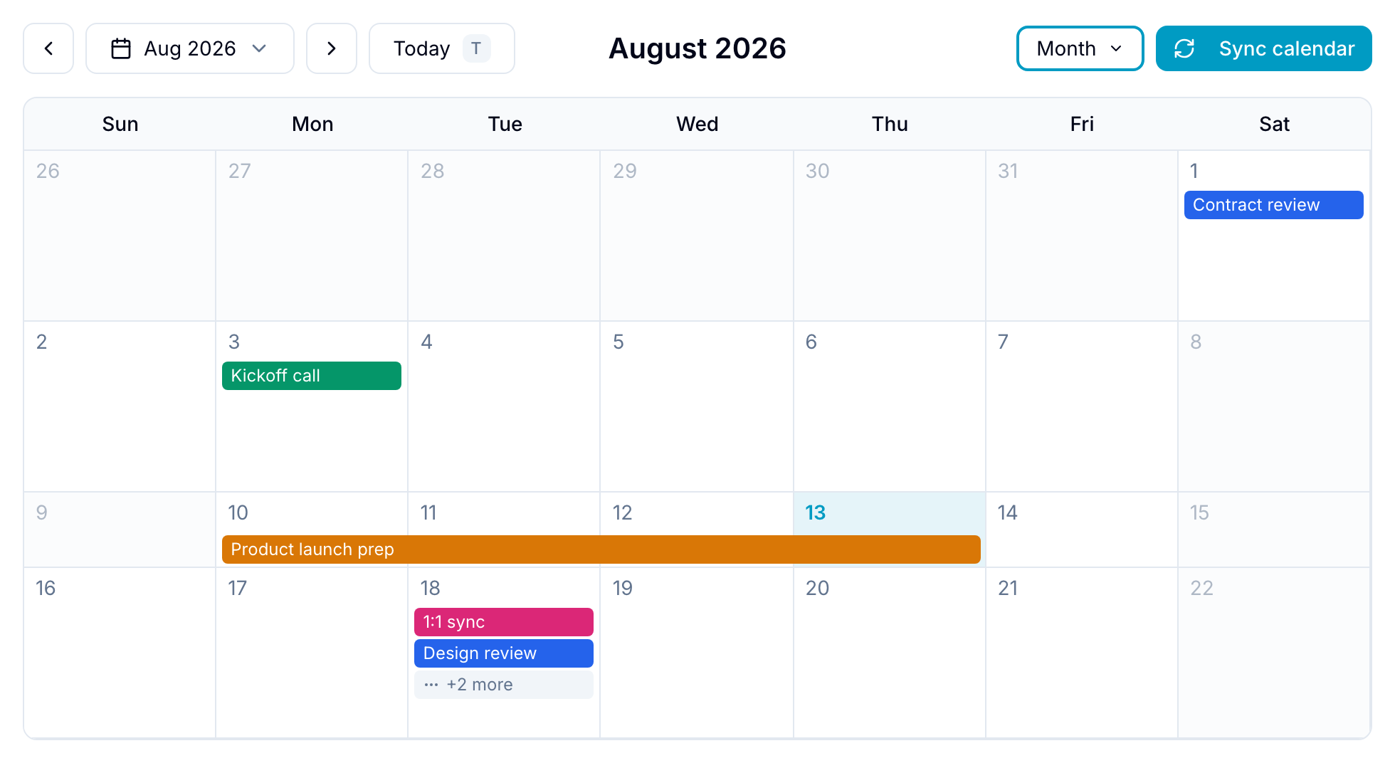 Calendar month view Month view of the calendar with a populated toolbar, navigation controls, and due-date bars across the grid