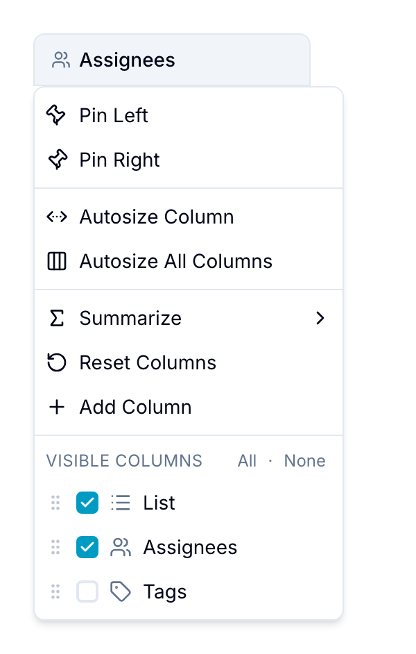 Column header menu Column header context menu with pin, autosize, summarize, and visible-columns options