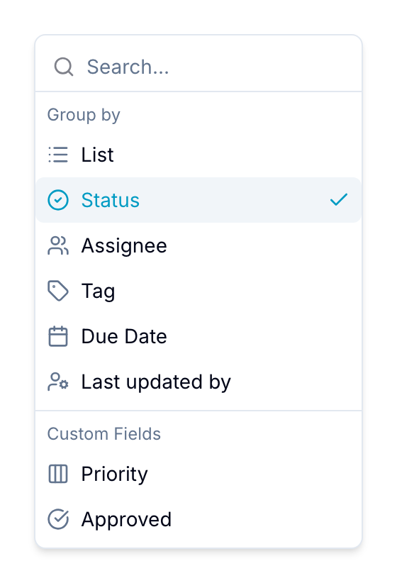 Group by field picker Group by field picker listing built-in and custom field grouping options