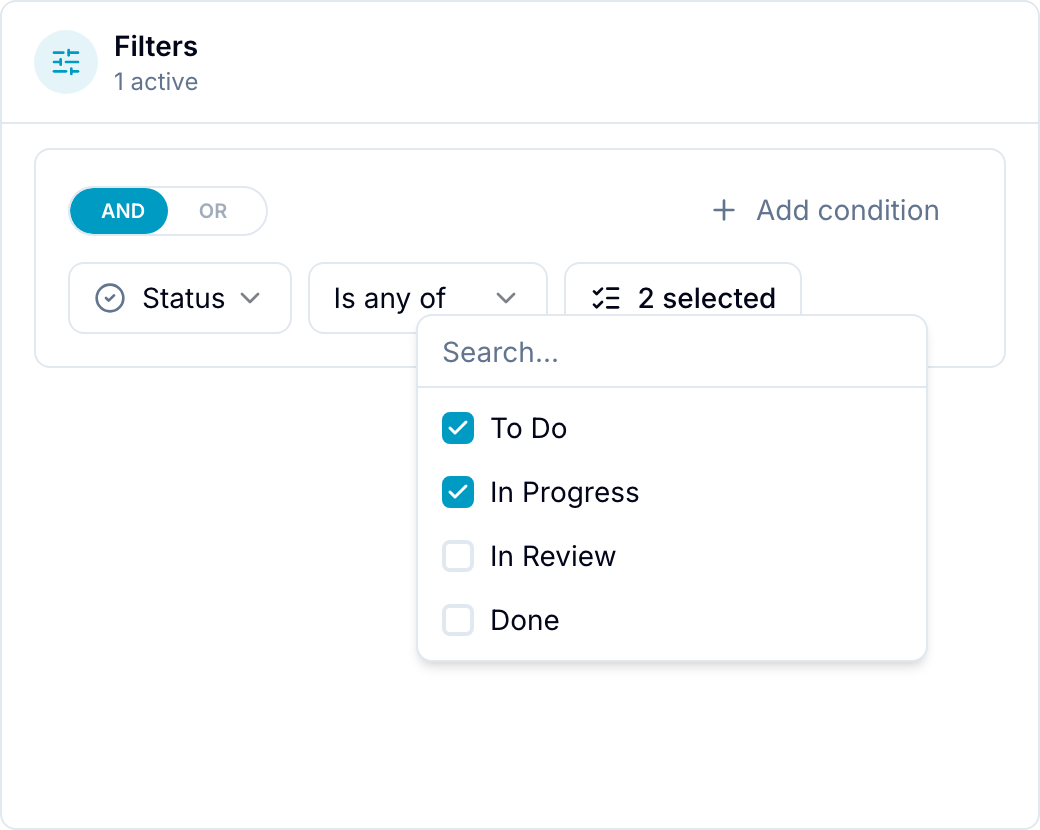 Advanced filter panel Advanced filter panel with a Status field, "Is any of" operator, and value picker open