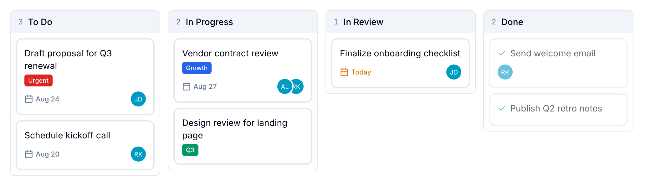 Board view Kanban board with four lists of record cards showing due dates, tags, and assignees