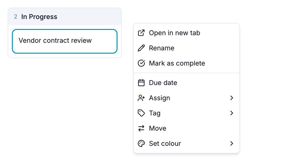 Record card context menu Right-click context menu on a record card with options to rename, assign, tag, move, and more