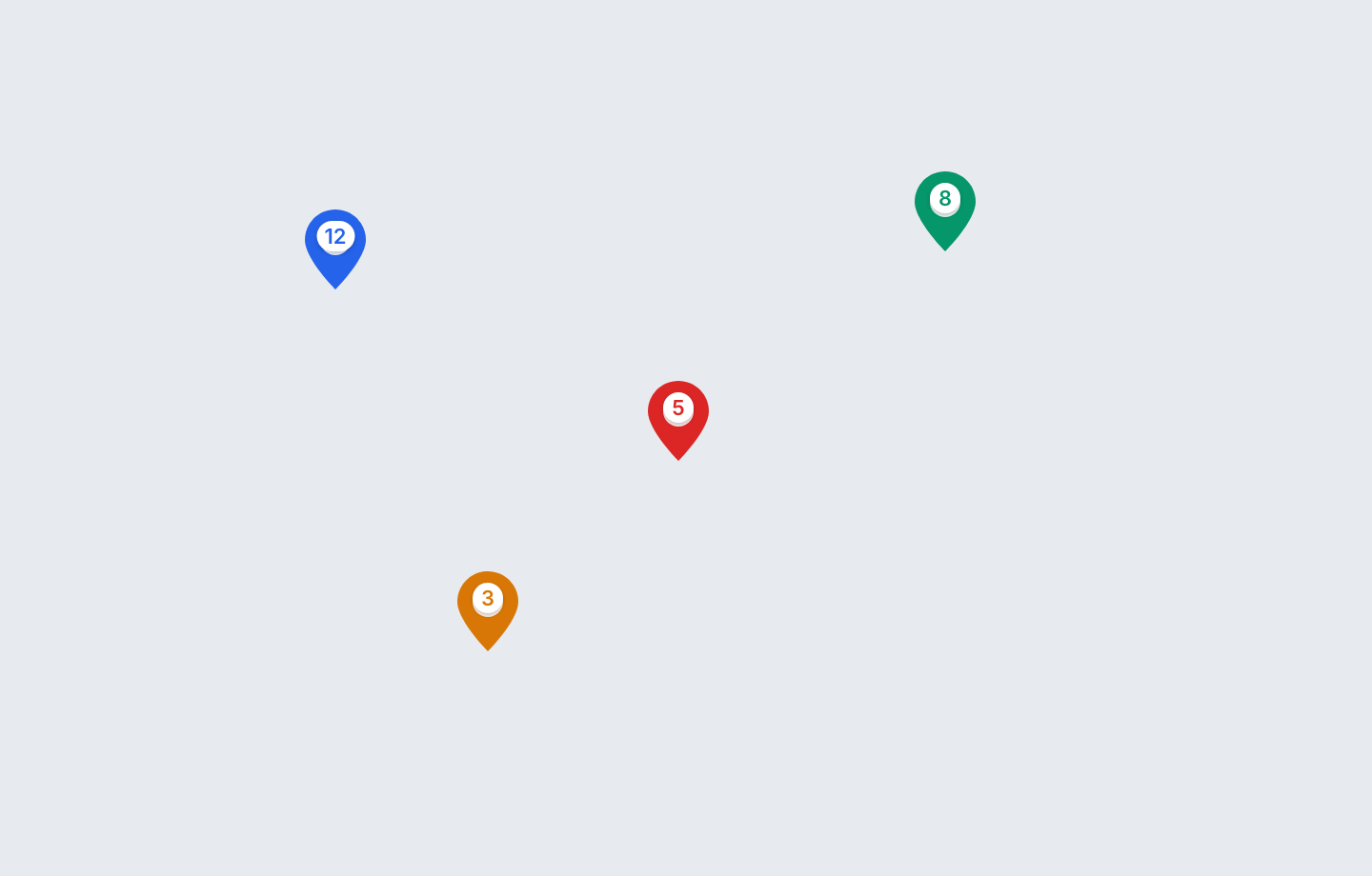 Map view showing four colour-coded pin clusters plotted on a world map, each badged with its record count
