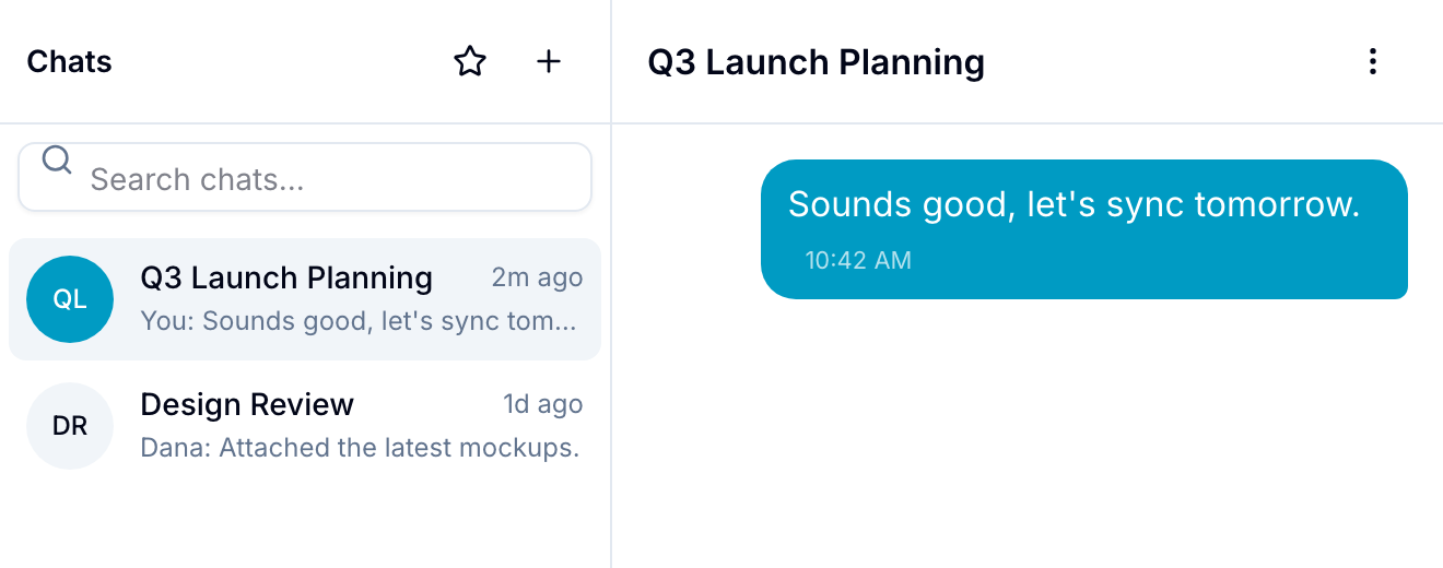 Chat thread Chat sidebar with two topics and an open thread showing a sent message