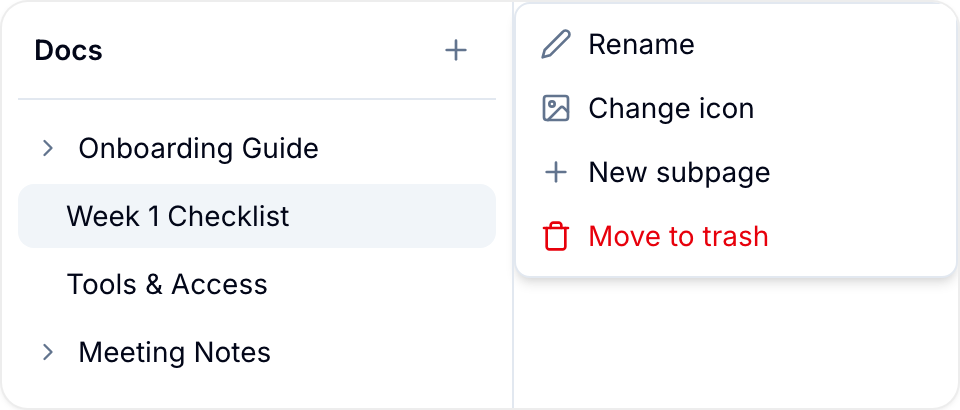 Page actions menu Pages sidebar with a page's actions menu open, showing Rename, Change icon, New subpage, and Move to trash