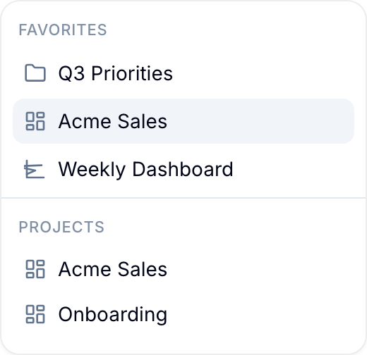 Favorites in the sidebar Sidebar with a Favorites section above Projects, showing pinned records, workspaces, and a dashboard