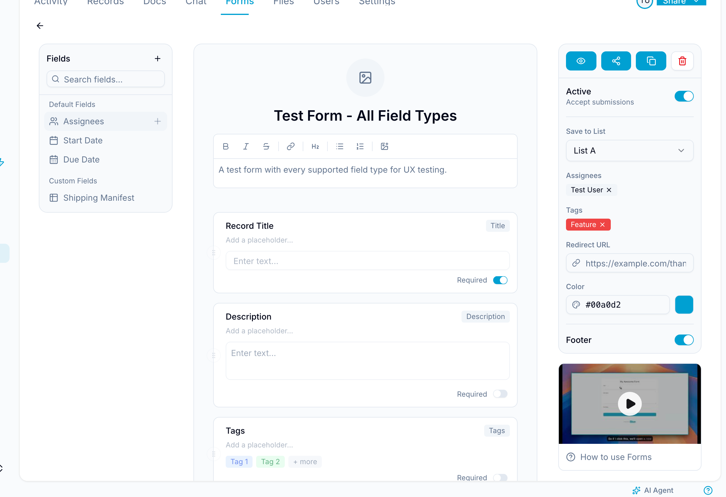 Form editor Form editor with a left field palette, center canvas, and right settings panel showing routing, redirect URL, and color